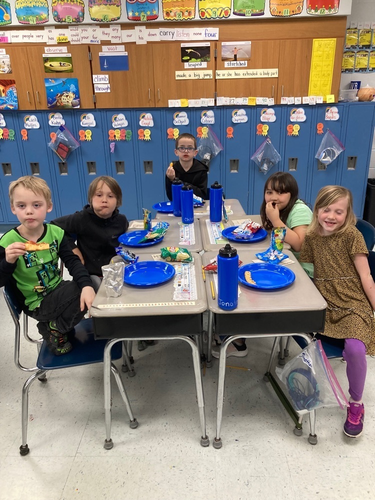 First graders eating pizza for lunch.
