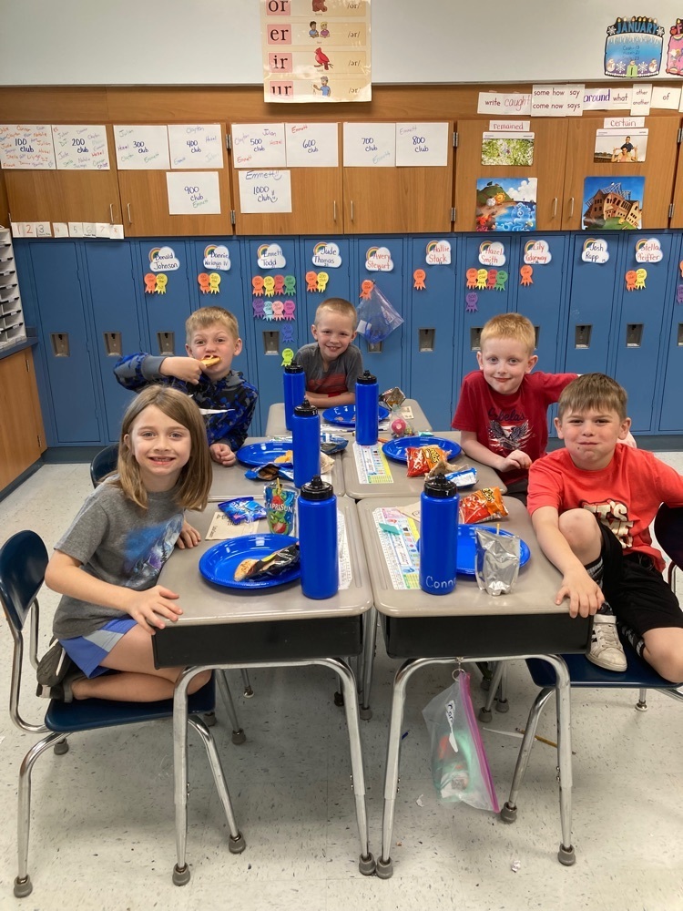 First graders eating pizza for lunch.
