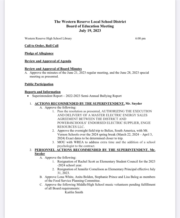 School board meeting information